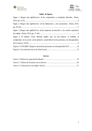 3
Índice de figuras
Figura 1. Rasgos más significativos de las cooperativas y sociedades laborales. (Parra,
2018, pp. 8-25).................................................................................................................. 4
Figura 2. Rasgos más significativos de las fundaciones y las asociaciones. (Parra, 2018,
pp. 26-26).......................................................................................................................... 5
Figura 3. Rasgos más significativos de las empresas de inserción y los centros especiales
de empleo. (Parra, 2018, pp. 37-46) ................................................................................. 6
Figura 4. El ministro Javier Barreda explicó que, de esta manera, se reafirma el
compromiso de su sector con la inclusión social laboral de las personas con discapacidad.
(El Comercio, 2018) ......................................................................................................... 9
Figura 5. CONADIS- Registro nacional de personas con discapacidad 2015. .............. 10
Figura 6. Los calcetines locos de John Cronin. .............................................................. 12
Anexos
Anexo 1.Talleres de capacitación laboral....................................................................... 19
Anexo 2. Talleres de bienestar socio afectivo. ............................................................... 20
Anexo 3. Colocación en un empleo formal .................................................................... 21
 