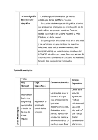 La investigación
documental y
biográfica
La investigación documental ya ha sido
establecida dentro del Marco Teórico.
En cuanto a la Investigación biográfica, el artista
que protagoniza el proyecto de investigación es de
nacionalidad venezolana, reside en Caracas,
realizó sus estudios en Diseño Industrial y Artes
Plásticas en dicha ciudad.
Su participación en salones inició en el año 2003
y ha participado en gran cantidad de muestras
colectivas, tiene varios reconocimientos y tres
primeros lugares por su participación en salones del
IUESAPAR, el salón Juan Lovera, Francisco Narváez, IV
Salón Dycvensa y el Ateneo de Carúpano. Ha realizado
también dos exposiciones individuales.
Guión Museológico
GuiónMuseológico
Tema
Contenido temático
Material
ExpositivoObj.
General
Objs.
Específicos
Desmitificar
los iconos
religiosos y
comerciales
a través de
la obra de
Efraín
Ugueto
Replantear el
significado
formal de los
símbolos
Llevándolos a ser lo
contrario a lo que
está preestablecido
que sean,
descomponiéndolos,
dejándoles solos,
para su apreciación
en algunos casos; y
en otros haciendo un
mash-up, para llevar
Obras de la
segunda
agrupación
“Trabajo
bidimensional
y paneles
intervenidos”
y el Trabajo
Digital
perteneciente
a la tercera
 