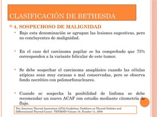 4. SOSPECHOSO DE MALIGNIDAD
 Bajo esta denominación se agrupan las lesiones sugestivas, pero
no concluyentes de malignidad.
 En el caso del carcinoma papilar se ha comprobado que 75%
corresponden a la variante folicular de este tumor.
 Se debe sospechar el carcinoma anaplásico cuando las células
atípicas sean muy escasas o mal conservadas, pero se observa
fondo necrótico con polimorfonucleares.
 Cuando se sospecha la posibilidad de linfoma se debe
recomendar un nuevo ACAF con estudio mediante citometría de
flujo.
CLASIFICACIÓN DE BETHESDA
The American Thyroid Association (ATA) Guidelines Taskforce on Thyroid Nodules and
Differentiated Thyroid Cancer. THYROID Volume 19, Number 11, 2009
 