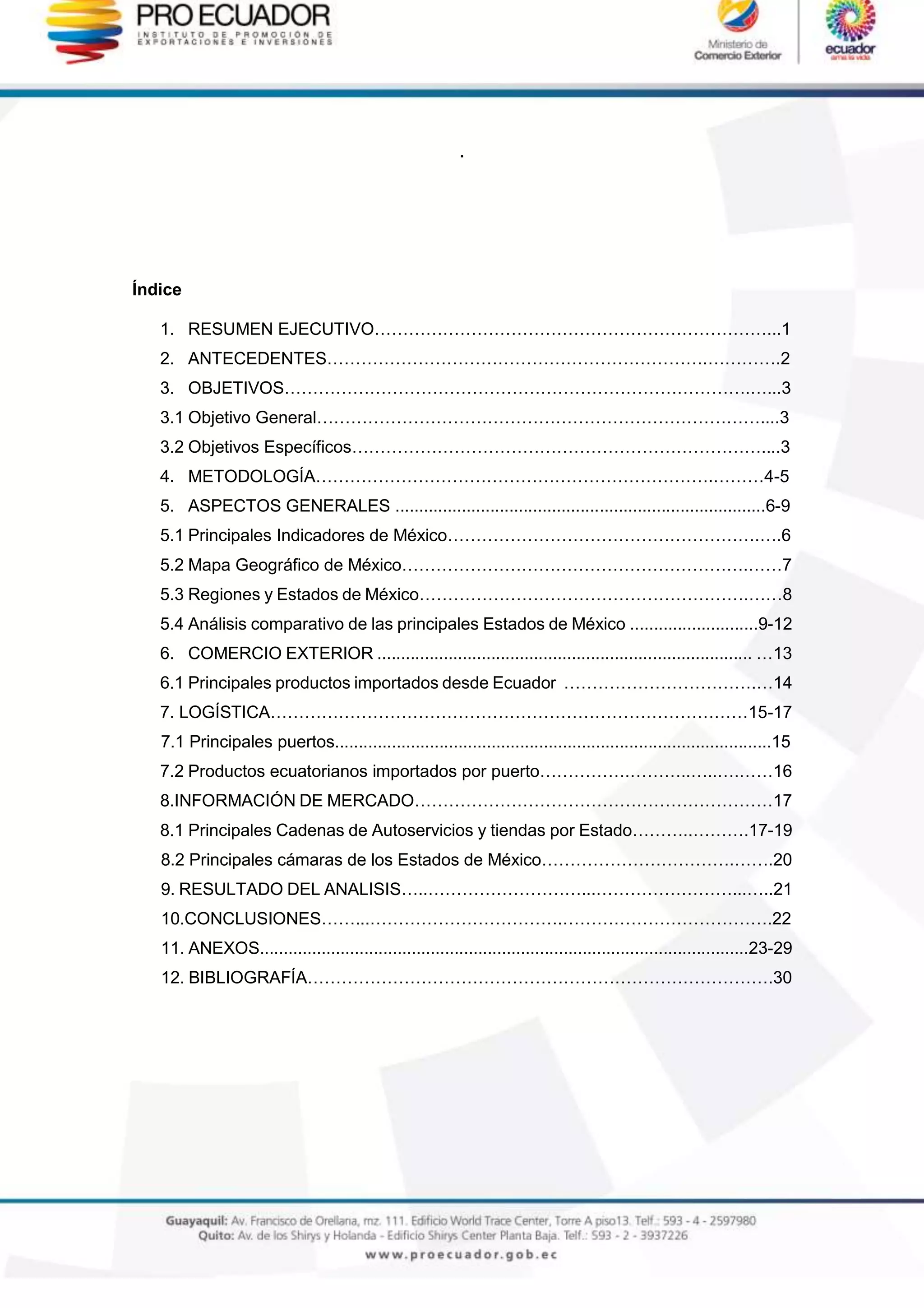 .
Índice
1. RESUMEN EJECUTIVO……………………………………………………………...1
2. ANTECEDENTES………………………………………………………….………….2
3. OBJETIVOS……………………………………………………………………….…...3
3.1 Objetivo General……………………………………………………………………....3
3.2 Objetivos Específicos………………………………………………………………....3
4. METODOLOGÍA…………………………………………………………….………4-5
5. ASPECTOS GENERALES ..............................................................................6-9
5.1 Principales Indicadores de México……………………………………………….….6
5.2 Mapa Geográfico de México…………………………………………………….……7
5.3 Regiones y Estados de México………………………………………………….……8
5.4 Análisis comparativo de las principales Estados de México ...........................9-12
6. COMERCIO EXTERIOR ............................................................................... …13
6.1 Principales productos importados desde Ecuador …………………………….…14
7. LOGÍSTICA…………………………………………………………………………15-17
7.1 Principales puertos............................................................................................15
7.2 Productos ecuatorianos importados por puerto…………….………..…..….……16
8.INFORMACIÓN DE MERCADO………………………………………………………17
8.1 Principales Cadenas de Autoservicios y tiendas por Estado………..……….17-19
8.2 Principales cámaras de los Estados de México…………………………….…….20
9. RESULTADO DEL ANALISIS…..………………………...……………………...…..21
10.CONCLUSIONES……...…………………………….……………………………….22
11. ANEXOS.......................................................................................................23-29
12. BIBLIOGRAFÍA……………………………………………………………………….30
 