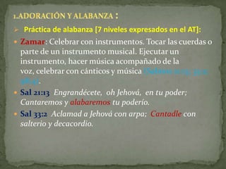  Práctica de alabanza [7 niveles expresados en el AT]:
 Zamar: Celebrar con instrumentos. Tocar las cuerdas o
  parte de un instrumento musical. Ejecutar un
  instrumento, hacer música acompañado de la
  voz, celebrar con cánticos y música (Salmos 21:13; 33:2;
  98:4).
 Sal 21:13 Engrandécete, oh Jehová, en tu poder;
  Cantaremos y alabaremos tu poderío.
 Sal 33:2 Aclamad a Jehová con arpa; Cantadle con
  salterio y decacordio.
 