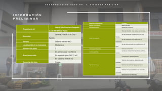 D E S A R R O L L O D E C A S O N O . 1 , V I V I E N D A F A M I L I A R
I N F O R M A C I Ó N
P R E L I M I N A R
Propietario (s)
María Ilda Guerrero Delgado.
C.C 9.999.999 de Pasto
Dirección
carrera 7ª No 4-24 la Cruz –
Nariño
Estrato Urbano estrato No 2
Localización en la manzana Medianera
Número de pisos 2
Área construida
En primer piso: 144.72 m2
En segundo piso: 141.77 m2
En cubierta: 119.45 m2
Tenencia del bien Propia
Estado de la construcción Completa
Edad de construcción Mayor a 20 años
Uso predominante Residencial y Comercial
Datos de ocupación
Vivienda familiar – dos locales comerciales.
No de familias en la edificación una sola
familia.
No de residentes en la edificación: 5
habitantes
No de años de residir en la edificación: 40
años
Acceso a la edificación Vehicular pavimentado
Servicios públicos
Acueducto, Alcantarillado, Red eléctrica, teléfono,
internet
Tipo de estructura
Cimentación: Zapatas aisladas.
Sistema de entrepisos: placa maciza de
concreto.
Sistema de cubiertas: placa maciza en
concreto
Sistema estructural: Pórticos en concreto
reforzado
Mampostería no reforzada.
 