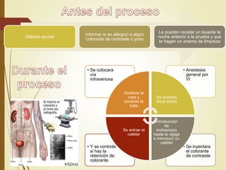 Deberá ayunar
Informar si es alérgico a algún
colorante de contraste o yodo
Le pueden recetar un laxante la
noche anterior a la prueba y que
le hagan un enema de limpieza
• Se inyectara
el colorante
de contraste
• Y se controla
si hay la
retención de
colorante
• Anestesia
general por
VI
• Se colocara
vía
intravenosa
Quitarse la
ropa y
ponerse la
bata
Se acuesta
boca arriba
Introducción
de
endoscopio
hasta la vejiga
e introducir un
catéter
Se extrae el
catéter
 