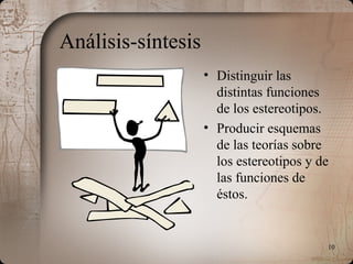 10
Análisis-síntesis
• Distinguir las
distintas funciones
de los estereotipos.
• Producir esquemas
de las teorías sobre
los estereotipos y de
las funciones de
éstos.
 
