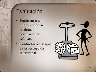 11
Evaluación
• Emitir un juicio
crítico sobre las
distintas
orientaciones
teóricas.
• Contrastar los sesgos
en la percepción
intergrupal.
 