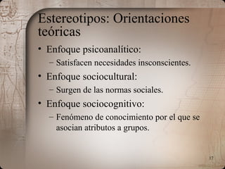 17
Estereotipos: Orientaciones
teóricas
• Enfoque psicoanalítico:
– Satisfacen necesidades insconscientes.
• Enfoque sociocultural:
– Surgen de las normas sociales.
• Enfoque sociocognitivo:
– Fenómeno de conocimiento por el que se
asocian atributos a grupos.
 
