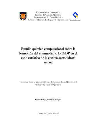 Universidad de Concepción
Facultad de Ciencias Químicas
Departamento de Físico Química
Grupo de Química Biológica y Computacional
Estudio químico computacional sobre la
formación del intermediario L­ThDP en el
ciclo catalítico de la enzima acetohidroxi
sintasa
Tesis para optar al grado académico de Licenciado en Química y al
título profesional de Químico
Omar Blas Alvarado Carripán
Concepción, Octubre del 2012
 