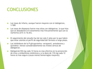 CONCLUSIONES
 Las tasas de infarto, aunque fueron mayores con el dabigatran,
1/500
 Las tasas de dispepsia fueron mas altas con dabigatran, lo que hizo
que se abandonara el tratamiento mas frecuentemente que con la
warfarina (21% vs 16.6%).
 El seguimiento del estudio fue de tan solo 2 años por lo que habrá
que estar atentos al perfil de seguridad del fármaco a largo plazo.
 Los inhibidores de la P-glicoproteína -verapamil, amiodarona y
quinidina- elevan considerablemente los niveles séricos de
dabigatran.
 Dabigatrán150 mg cada 12 horas es mas efectivo en la prevención
de ictus y embolismos sistémicos y a la dosis de 110 mg cada 12
horas es mas seguro (causa menos hemorragias mayores).
 
