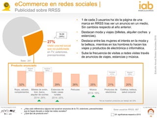 EstudioAnualRedesSociales2016
#IABEstudioRRSS
PATROCINADO POR: ELABORADO POR:
30
• ¿Has visto referencia a alguna red social en anuncios de la TV, exteriores, prensa/revistas
que te hayan llevado a visitar las redes sociales?
• ¿Qué tipo de producto era?
eCommerce en redes sociales |
Publicidad sobre RRSS
27%
Visitó una red social
que vio publicitada
en TV, exteriores,
prensa/revistas
Base : 241
*No se muestran productos por debajo del 20%
32% 31% 29% 26% 25% 21% 20%
Ropa, calzado,
complementos
Billetes de avión,
tren, barco,
alquiler de coches
Estancias de
hotel, casas
rurales
Películas Música Productos de
electrónica
Estética, belleza,
salud corporal
Base usuarios RRSS: 887
16-30
(34%)
Mujeres
(44%)
Hombres
(36%)
Mujeres
(33%)
Hombres
(31%)
• 1 de cada 3 usuarios ha ido la página de una
marca en RRSS tras ver un anuncio en un medio.
Sin cambios respecto al año anterior.
• Destacan moda y viajes (billetes, alquiler coches y
estancias).
• Destaca entre las mujeres el interés en la moda y
la belleza, mientras en los hombres lo hacen los
viajes y productos de electrónica o informática.
• Sube la frecuencia de visitas a redes vistas través
de anuncios de viajes, estancias y música.
2014: 26% 2014: 25%
2014: 16%
Producto anunciado
Dif. significativas respecto a 2015
 