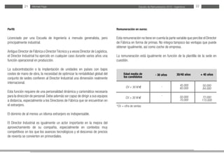 Estudio de Remuneración 2012 - IngenierosMichael Page
Perfil:
Licenciado por una Escuela de Ingeniería a menudo generalista, pero
principalmente industrial.
Antiguo Director de Fábrica o DirectorTécnico y a veces Director de Logística,
el Director Industrial ha ejercido en cualquier caso durante varios años una
función operacional en producción.
La subcontratación o la implantación de unidades en países con bajos
costes de mano de obra, la necesidad de optimizar la rentabilidad global del
conjunto de sedes confieren al Director Industrial una dimensión realmente
internacional.
Esta función requiere de una personalidad dinámica y carismática necesaria
para la dirección de personal.Debe además ser capaz de dirigir a sus equipos
a distancia, especialmente a los Directores de Fábrica que se encuentran en
el extranjero.
El dominio de al menos un idioma extranjero es indispensable.
El Director Industrial es igualmente un actor importante en la mejora del
aprovechamiento de su compañía, especialmente en contextos muy
competitivos en los que los avances tecnológicos y el descenso de precios
de reventa se convierten en primordiales.
21 22
Remuneración en euros:
Esta remuneración no tiene en cuenta la parte variable que percibe el Director
de Fábrica en forma de primas. No integra tampoco las ventajas que puede
obtener igualmente, así como coche de empresa.
La remuneración está igualmente en función de la plantilla de la sede en
cuestión.
	
-
-
*CV = cifra de ventas
Edad media de
los candidatos
CV < 30 M €
CV > 30 M €
30/40 años- 30 años + 40 años
45.000
60.000
50.000
70.000
50.000
84.000
72.000
115.000
 