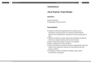 Estudio de Remuneración 2012 - IngenierosMichael Page91 92
TRANSVERSALES
Jefe de Proyectos / Project Manager
Dependencia:
• Director Industrial
• Responsable de Oficina Técnica
Responsabilidades:
• Coordinar los diferentes departamentos de la empresa para el
desarrollo los servicios técnicos de la empresa, del desarrollo del
producto en la industrialización, la puesta en servicio y la producción en
serie.
• Redactar el cuaderno de cargos, determinar el calendario de puesta en
marcha y los impactos técnicos sobre la oferta de costos.
• Seguir el desarrollo, garantizar los plazos y los resultados.
• Definir y gestionar los recursos necesarios.
• Dirigir funcionalmente un equipo de proyecto multidisciplinario dentro del
cuadro de una organización matricial, es el intermediario entre este
equipo y el cliente.
• Encargado de respetar los objetivos de calidad, costes y plazos
concernientes a su producto.
 