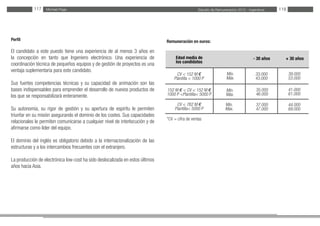 Estudio de Remuneración 2012 - IngenierosMichael Page117 118
Perfil
El candidato a este puesto tiene una experiencia de al menos 3 años en
la concepción en tanto que Ingeniero electrónico. Una experiencia de
coordinación técnica de pequeños equipos y de gestión de proyectos es una
ventaja suplementaria para este candidato.
Sus fuertes competencias técnicas y su capacidad de animación son las
bases indispensables para emprender el desarrollo de nuevos productos de
los que se responsabilizará enteramente.
Su autonomía, su rigor de gestión y su apertura de espíritu le permiten
triunfar en su misión asegurando el dominio de los costes. Sus capacidades
relacionales le permiten comunicarse a cualquier nivel de interlocución y de
afirmarse como líder del equipo.
El dominio del inglés es obligatorio debido a la internacionalización de las
estructuras y a los intercambios frecuentes con el extranjero.
La producción de electrónica low-cost ha sido deslocalizada en estos últimos
años hacia Asia.
Remuneración en euros:
*CV = cifra de ventas
Edad media de
los candidatos
CV < 152 M €
Plantilla < 1000 P
152 M € < CV < 152 M €
1000 P <Plantilla< 5000 P
CV < 762 M €
Plantilla< 5000 P
- 30 años + 30 años
33.000
43.000
Mín.
Máx.
Mín.
Máx.
Mín.
Máx.
39.000
53.000
41.000
61.000
44.000
69.000
37.000
47.000
35.000
46.000
 