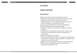 Estudio de Remuneración 2012 - IngenierosMichael Page123 124
ELECTRÓNICO
Ingeniero Electrónico
Responsabilidades:
• Redacta el cuaderno de cargos funcional de los productos.
• Participa en el desarrollo de los nuevos productos en relación con los
departamentos de marketing, comerciales y de compras.
• Concibe los productos en una búsqueda permanente de mejora del
producto, del diseño, de la reducción de los costes
• Se apoya en los departamentos de métodos e industrialización.
• Pilota la subcontratación que realizan los prototipos.
• Participa en la puesta en marcha de tests y medidas para validar su
concepción.
• Preocupado por los contratiempos de la producción, considera en las
primeras fases de desarrollo, todos los límites provocados por la
industrialización.
• Coordina la realización de los conjuntos.
• Durante la vida del producto, participa en la resolución de problemas que
se presenten en la fabricación, asegura la validación de segundas fuentes
y participa en la mejora de los costes.
• Explora las nuevas vías tecnológicas, anticipa y dirige las innovaciones.
• Difunde y valora los resultados en forma de informes técnicos,
publicaciones, presentaciones orales.
 