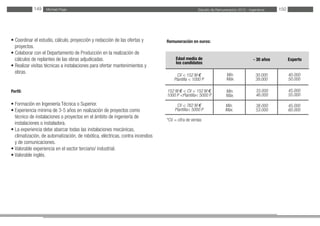 Estudio de Remuneración 2012 - IngenierosMichael Page149 150
• Coordinar el estudio, cálculo, proyección y redacción de las ofertas y
proyectos.
• Colaborar con el Departamento de Producción en la realización de
cálculos de replanteo de las obras adjudicadas.
• Realizar visitas técnicas a instalaciones para ofertar mantenimientos y
obras.
Perfil:
• Formación en Ingeniería Técnica o Superior.
• Experiencia mínima de 3-5 años en realización de proyectos como
técnico de instalaciones o proyectos en el ámbito de ingeniería de
instalaciones o instaladora.
• La experiencia debe abarcar todas las instalaciones mecánicas,
climatización, de automatización, de robótica, eléctricas, contra incendios
y de comunicaciones.
• Valorable experiencia en el sector terciario/ industrial.
• Valorable inglés.
Remuneración en euros:
*CV = cifra de ventas
Edad media de
los candidatos
CV < 152 M €
Plantilla < 1000 P
152 M € < CV < 152 M €
1000 P <Plantilla< 5000 P
CV < 762 M €
Plantilla< 5000 P
- 30 años Experto
30.000
39.000
Mín.
Máx.
Mín.
Máx.
Mín.
Máx.
40.000
50.000
45.000
55.000
45.000
60.000
38.000
53.000
33.000
46.000
 
