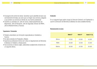 23    Michael Page                                                       Estudio de Remuneración 2012 - Turismo & Hostelería        24




• Encargarse del control de stocks. Garantizar que la plantilla de bares sea   Evolución:
  correctamente formada, así como que su imagen sea correcta y elegante
  y que presten sus servicios al cliente de una manera profesional             En un segundo lugar podría ocupar la Dirección General o de Explotación o
• Coordina su actividad con: Jefe de Cocina, Gobernanta/Director de            asumir la Dirección de Alimentos & Bebidas de varios establecimientos.
  Alojamiento, Jefe de Recepción, Jefe de Seguridad, Director de RRHH.,
  Jefe de Mantenimiento y Finanzas.
                                                                               Remuneración en euros:
Experiencia / Formación:

• Titulado universitario con formación especializada en Hostelería y                                             Hotel 3*             Hotel 4*    Hotel 5*/ GL
  Turismo.
• Se valora estudios de Postgrado y Master.                                                 Mínima                 19.000               24.000        45.000
• Experiencia profesional mínimo de 5 años en departamento de Alimentos
  & Bebidas en Hotelería y Restauración.                                                    Media                  26.000               33.000        55.000
• Ha de dominar el idioma inglés, valorándose ampliamente el dominio de
  un segundo idioma.                                                                     Máxima                    36.000               42.000        84.000
 