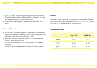 49   Michael Page                                                      Estudio de Remuneración 2012 - Turismo & Hostelería    50




• Aplicar las políticas comerciales y tarifarias de la empresa, responder a   Evolución:
  los oportunidades y proposiciones comerciales durante todas las etapas
  de la negociación hasta la finalización de la venta.                        La persona puede evolucionar hacía posiciones como Director de ventas/
• Consecución de objetivos y reporte regular de las actividades de su         Grandes Cuentas/Account Manager así como Director de Zona en la que se
  gestión.                                                                    encargaría de la Expansión de varios establecimientos.


Experiencia / Formación:                                                      Remuneración en euros:

• Esta función es accesible a los perfiles comerciales con conocimientos
  y experiencias del sector Hostelería y Turismo o que reúna al menos una                                            Hotel 3* / 4*        Hotel 5*/ GL
  experiencia comercial de peso de al menos 7 años.
• Se requiere formación universitaria superior de la rama comercial o
                                                                                           Mínima                       40.000              47.000
  específica de Hostelería y Turismo
• Persona con grandes aptitudes para la interlocución y las relaciones                     Media                        48.000               55.000
  personales.
• Dominio de idioma inglés valorándose un segundo idioma extranjero.                       Máxima                       82.000               90.000
 