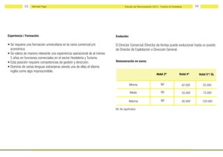 53    Michael Page                                                     Estudio de Remuneración 2012 - Turismo & Hostelería        54




Experiencia / Formación:                                                  Evolución:

• Se requiere una formación universitaria en la rama comercial y/o        El Director Comercial /Director de Ventas puede evolucionar hasta un puesto
  económica.                                                              de Director de Explotación o Dıreccıón General.
• Se valora de manera relevante una experiencia operacional de al menos
  5 años en funciones comerciales en el sector Hostelería y Turismo.
• Esta posición requiere competencias de gestión y dirección;             Remuneración en euros:
• Dominio de varias lenguas extranjeras siendo una de ellas el idioma
  inglés como algo imprescindible.
                                                                                                               Hotel 3*            Hotel 4*        Hotel 5*/ GL


                                                                                       Mínima                      NS                42.000          55.000

                                                                                        Media                      NS                55.000           75.000

                                                                                       Máxima                      NS                95.000          120.000

                                                                          NS: No significativo
 
