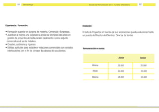 81    Michael Page                                                  Estudio de Remuneración 2012 - Turismo & Hostelería   82




Experiencia / Formación:                                                  Evolución:

• Formación superior en la rama de Hostería, Comercial y Empresas.        El Jefe de Proyectos en función de sus aspiraciones puede evolucionar hasta
• Justificar al menos una experiencia inicial de al menos dos años en     un puesto de Director de Clientes / Director de Ventas.
  gestión de proyectos de restauración idealmente o como adjunto
 comercial en el sector hotelero.
• Creativo, autónomo y riguroso.
• Sólidas aptitudes para establecer relaciones comerciales con variados   Remuneración en euros:
  interlocutores con el fin de conocer los deseos de sus clientes.

                                                                                                                    Júnior            Senior


                                                                                       Mínima                       25.000             35.000

                                                                                       Media                        32.000             43.000

                                                                                       Máxima                       38.000             55.000
 