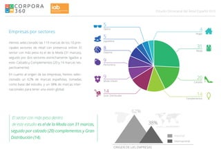 010Estudio Omnicanal del Retail Español
Empresas por sectores
Hemos seleccionado las 119 marcas de los 10 prin-
cipales sectores de retail con presencia online. El
sector con más peso es el de la Moda (31 marcas),
seguido por dos sectores estrechamente ligados a
este: Calzado y Complementos (20 y 14 marcas res-
pectivamente).
En cuanto al origen de las empresas, hemos selec-
cionado un 62% de marcas españolas, tomadas
como base del estudio, y un 38% de marcas inter-
nacionales para tener una visión global.
Moda
Hogar
Calzado
Complementos
Gran Distribuidor
Moda Infantil
Perfumería
Deporte
Juguetería
Óptica
31
4
20
14
14
9
9
8
5
5
ORIGEN DE LAS EMPRESAS
62%
38%
Nacional
Internacional
El sector con más peso dentro
de este estudio es el de la Moda con 31 marcas,
seguido por calzado (20) complementos y Gran
Distribución (14).
 