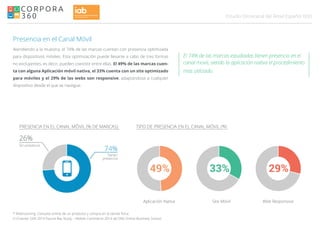 035Estudio Omnicanal del Retail Español
Tienen
presencia
74%
Sin presencia
26%
Presencia en el Canal Móvil
Atendiendo a la muestra, el 74% de las marcas cuentan con presencia optimizada
para dispositivos móviles. Esta optimización puede llevarse a cabo de tres formas
no excluyentes, es decir, pueden coexistir entre ellas. El 49% de las marcas cuen-
ta con alguna Aplicación móvil nativa, el 33% cuenta con un site optimizado
para móviles y el 29% de las webs son responsive, adaptándose a cualquier
dispositivo desde el que se navegue.
PRESENCIA EN EL CANAL MÓVIL (% DE MARCAS) TIPO DE PRESENCIA EN EL CANAL MÓVIL (%)
Aplicación Nativa Site Móvil
33%49% 29%
Web Responsive
* Webrooming: Consulta online de un producto y compra en la tienda física.
(1) Fuente: GFK 2014 Future Bay Study – Mobile Commerce 2014 de OBS Online Business School.
El 74% de las marcas estudiadas tienen presencia en el
canal movil, siendo la aplicación nativa el procedimiento
mas utilizado.
 