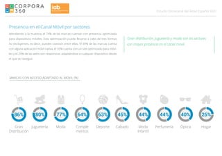 037Estudio Omnicanal del Retail Español
Presencia en el Canal Móvil por sectores
Atendiendo a la muestra, el 74% de las marcas cuentan con presencia optimizada
para dispositivos móviles. Esta optimización puede llevarse a cabo de tres formas
no excluyentes, es decir, pueden coexistir entre ellas. El 49% de las marcas cuenta
con alguna aplicación móvil nativa, el 33% cuenta con un site optimizado para móvi-
les y el 29% de las webs son responsive, adaptándose a cualquier dispositivo desde
el que se navegue.
Gran distribución, juguetería y moda son los sectores
con mayor presencia en el canal movil.
MARCAS CON ACCESO ADAPTADO AL MOVIL (%)
 