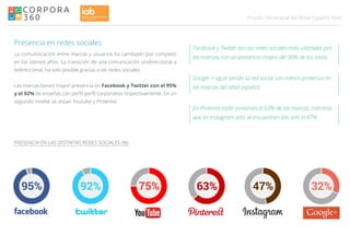 044Estudio Omnicanal del Retail Español
Presencia en redes sociales
La comuniocación entre marcas y usuarios ha cambiado por completo
en los últimos años. La transición de una comunicación unidireccional a
bidireccional, ha sido posible gracias a las redes sociales.
Las marcas tienen mayor presencia en Facebook y Twitter con el 95%
y el 92% de enseñas con perfil perfil corporativo respectivamente. En un
segundo nivelse se sitúan Youtube y Pinterest.
PRESENCIA EN LAS DISTINTAS REDES SOCIALES (%)
Facebook y Twitter son las redes sociales más utilizadas por
las marcas, con un presencia mayor del 90% de los casos.
Google + sigue siendo la red social con menos presencia en
las marcas del retail español.
En Pinterest están presentes el 63% de las marcas, mientras
que en Instagram solo se encuentran tan solo el 47%
 