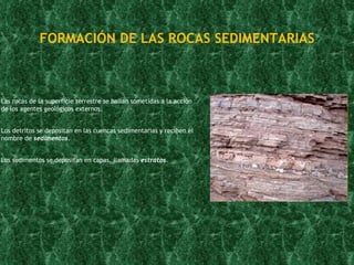FORMACIÓN DE LAS ROCAS SEDIMENTARIAS Las rocas de la superficie terrestre se hallan sometidas a la acción  de los agentes geológicos externos. Los detritos se depositan en las cuencas sedimentarias y reciben el  nombre de   sedimentos . Los sedimentos se depositan en capas, llamadas  estratos . 
