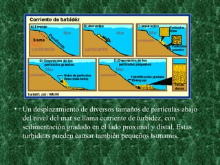 Un desplazamiento de diversos tamaños de partículas abajo del nivel del mar se llama corriente de turbidez, con sedimentación gradado en el lado proximal y distal. Estas turbiditas pueden causar también pequeños tsunamis. 