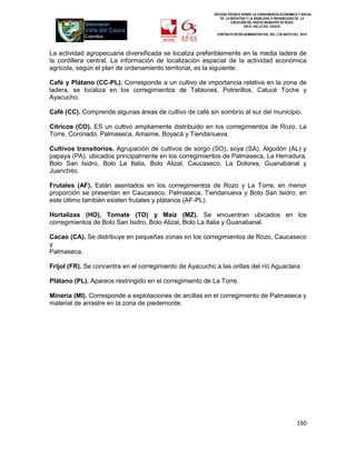 ESTUDIO TÉCNICO SOBRE LA CONVENIENCIA ECONOMICA Y SOCIAL
                                                             DE LA INICIATIVA Y LA VIABILIDAD O INIVIABILIDAD DE LA
                                                                    CREACIÓN DEL NUEVO MUNICIPIO DE ROZO
                                                                            EN EL VALLE DEL CAUCA

                                                           CONTRATO INTER-ADMINISTRATIVO DEL 3 DE MAYO DEL 2010




La actividad agropecuaria diversificada se localiza preferiblemente en la media ladera de
la cordillera central. La información de localización espacial de la actividad económica
agrícola, según el plan de ordenamiento territorial, es la siguiente:

Café y Plátano (CC-PL). Corresponde a un cultivo de importancia relativa en la zona de
ladera, se localiza en los corregimientos de Tablones, Potrerillos, Calucé Toche y
Ayacucho.

Café (CC). Comprende algunas áreas de cultivo de café sin sombrío al sur del municipio.

Cítricos (CO). ES un cultivo ampliamente distribuido en los corregimientos de Rozo, La
Torre, Coronado, Palmaseca, Amaime, Boyacá y Tiendanueva.

Cultivos transitorios. Agrupación de cultivos de sorgo (SO), soya (SA). Algodón (AL) y
papaya (PA), ubicados principalmente en los corregimientos de Palmaseca, La Herradura,
Bolo San Isidro, Bolo La Italia, Bolo Alizal, Caucaseco, La Dolores, Guanabanal y
Juanchito.

Frutales (AF). Están asentados en los corregimientos de Rozo y La Torre, en menor
proporción se presentan en Caucaseco, Palmaseca, Tiendanueva y Bolo San Isidro; en
este último también existen frutales y plátanos (AF-PL).

Hortalizas (HO), Tomate (TO) y Maíz (MZ). Se encuentran ubicados en los
corregimientos de Bolo San Isidro, Bolo Alizal, Bolo La Italia y Guanabanal.

Cacao (CA). Se distribuye en pequeñas zonas en los corregimientos de Rozo, Caucaseco
y
Palmaseca.

Frijol (FR). Se concentra en el corregimiento de Ayacucho a las orillas del río Aguaclara.

Plátano (PL). Aparece restringido en el corregimiento de La Torre.

Minería (MI). Corresponde a explotaciones de arcillas en el corregimiento de Palmaseca y
material de arrastre en la zona de piedemonte.




                                                                                                          160
 