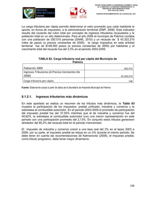 ESTUDIO TÉCNICO SOBRE LA CONVENIENCIA ECONÓMICA Y SOCIAL
                                                                                DE LA INICIATIVA Y LA VIABILIDAD O INIVIABILIDAD DE LA
                                                                                       CREACIÓN DEL NUEVO MUNICIPIO DE ROZO
                                                                                               EN EL VALLE DEL CAUCA

                                                                              CONTRATO INTER-ADMINISTRATIVO DEL 3 DE MAYO DEL 2010




La carga tributaria per cápita permite determinar el valor promedio que cada habitante le
aporta, en forma de impuestos, a la administración territorial (DNP, 2008). Este indicador
resulta del cociente del rubro total por concepto de ingresos tributarios recaudados y la
población total en un año determinado. Para el año 2009 el municipio de Palmira contaba
con una población de 292.510 personas (DANE, 2010) y un recaudo de $ 43.322.210
miles de pesos (a precios constantes de 2000), la carga impositiva en esta entidad
territorial fue de $148.000 pesos (a precios constantes de 2000) por habitante y el
crecimiento total del recaudo fue del 3.3% en el periodo 2003-2009.


                 TABLA 82. Carga tributaria real per cápita del Municipio de
                                          Palmira

  Población 2009                                                                                                   292.510
  Ingresos Tributarios (A Precios Constantes De
  2000)                                                                                                        43.322.210

  Carga tributaria per cápita                                                                                            148

Fuente: Elaboración propia a partir de datos de la Secretaría de Hacienda Municipal de Palmira


8.1.2.1.       Ingresos tributarios más dinámicos

En este apartado se realiza un resumen de los tributos más dinámicos, la Tabla 83
muestra la participación de los impuestos: predial unificado, industria y comercio y la
sobretasa al combustible automotor. En el periodo 2003-2009 el promedio de participación
del impuesto predial fue del 37,45% mientras que el de industria y comercio fue del
40,62%, la sobretasa al combustible automotor tuvo una menor representación en este
periodo con una participación promedio del 2,13%. En conjunto estos tributos generaron
alrededor del 80,2% del recaudo total en el periodo mencionado.

El impuesto de industria y comercio creció a una tasa real del 3% en el lapso 2003 a
2009, por su parte, el impuesto predial se redujo en un 2% durante el mismo periodo. Se
debe tener en cuenta las recomendaciones de Kalmanovitz (2008), el impuesto predial,
como tributo progresivo, debe tener mayor dinamismo.




                                                                                                                           190
 