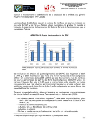 ESTUDIO TÉCNICO SOBRE LA CONVENIENCIA ECONÓMICA Y SOCIAL
                                                                                 DE LA INICIATIVA Y LA VIABILIDAD O INIVIABILIDAD DE LA
                                                                                        CREACIÓN DEL NUEVO MUNICIPIO DE ROZO
                                                                                                EN EL VALLE DEL CAUCA

                                                                               CONTRATO INTER-ADMINISTRATIVO DEL 3 DE MAYO DEL 2010




explicar el fortalecimiento o debilitamiento de la capacidad de la entidad para generar
mayores recursos propios (DNP, 2008).


La metodología de cálculo se basa en el cociente del monto de los recursos recibidos por
concepto de SGP y los ingresos fiscales totales municipales. El gráfico 19, muestra el
indicador de dependencia de los recursos del Sistema General de Participaciones para el
muncipio de Palmira.


                             GRÁFICO 19. Grado de dependencia del SGP




               Fuente: Elaboración propia a partir de datos de la Secretaría de Hacienda municipio de
               Palmira

Se observa que los años en los que la dependencia del SGP ha sido mayor son el 2004,
el 2005 y el 2009, mientras que este rubro tuvo menor importancia al inicio del periodo
(2003) y en su intermedio (años 2006 y 2007). La tasa de crecimiento real del monto de
los recursos por concepto de SGP fue del 5.5% durante el periodo 2003-2009 y la de los
ingresos tributarios tan solo el 3.3% para el mismo lapso, esta situación no implica
necesariamente que los esfuerzos por incrementar los recursos propios no hayan sido
suficientes puesto que la dependencia de las transferencias puede ser causa de una baja
capacidad fiscal del municipio.

Teniendo en cuenta lo anterior, deben considerarse las conclusiones y recomendaciones
del estudio de las finanzas públicas de Palmira realizado por Kalmanovitz (2008):

        El impuesto predial, como tributo progresivo15, debe tener mayor dinamismo (pasó
          del 41.37% de participación en los ingresos tributarios totales en el 2003 al 36.95%
          en el 2009).
        Tecnificar la administración tributaria
        Actualizar la base de datos de los contribuyentes
        Actualizar el catastro.
        Revisar el predial que pagan los ingenios y las tarifas por parte del concejo.

15   Un impuesto progresivo es aquel que a mayor renta mayor es su porcentaje sobre la base
                                                                                                                            193
 