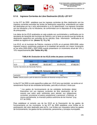 ESTUDIO TÉCNICO SOBRE LA CONVENIENCIA ECONÓMICA Y SOCIAL
                                                                                DE LA INICIATIVA Y LA VIABILIDAD O INIVIABILIDAD DE LA
                                                                                       CREACIÓN DEL NUEVO MUNICIPIO DE ROZO
                                                                                               EN EL VALLE DEL CAUCA

                                                                               CONTRATO INTER-ADMINISTRATIVO DEL 3 DE MAYO DEL 2010




8.1.6.     Ingresos Corrientes de Libre Destinación (ICLD)- LEY 617


La ley 617 de 2000 establece que los ingresos corrientes de libre destinación son los
ingresos corrientes excluidas las rentas de destinación específica, entendiendo por estas
las destinadas por ley o acto administrativo a un fin determinado. Los ingresos corrientes
son los tributarios y los no tributarios, de conformidad con lo dispuesto en la ley orgánica
de presupuesto.

Los datos de los ICLD analizados en este acápite son suministrados y certificados por la
secretaría de hacienda del municipio de Palmira y por lo tanto se asume que las rentas de
destinación específica son excluidas de los cálculos. Esta información certificada en el
análisis se registra en los (Anexo 12, 13 y 14)

Los ICLD, en el municipio de Palmira, crecieron el 8,6% en el periodo 2005-2008, estos
ingresos tuvieron variaciones positivas en la totalidad del periodo con mayor incremento
en los años 2005-2006 y 2007-2008 cuando presentaron un incremento anual del 12% y
10% respectivamente (Ver Tablas 84 y 85).


               TABLA 84. Evolución de los ICLD (miles de pesos corrientes)

                           2005                   2006                    2007                        2008
 ICLD                  52.289.648       58.633.967                        61.474.514                   67.682.951
Fuente: Secretaria de Hacienda Palmira.

                                  TABLA 85. Variación año-año ICLD
                                2005-2006           2006-2007                                   2007-2008
variación                                 12%                   5%                                                 10%
Fuente: Cálculos propios a partir de datos de la Secretaría de Hacienda municipio de Palmira


La ley 617 de 2000 no solo especifica cuáles son ICLD sino que también se centra en el
saneamiento fiscal de las entidades territoriales, para ello el artículo 3 dicta que:

           “ Los gastos de funcionamiento de las entidades territoriales deben
           financiarse con sus ingresos corrientes de libre destinación, de tal
           manera que estos sean suficientes para atender sus obligaciones
           corrientes, provisionar el pasivo prestacional y pensional; y financiar, al
           menos parcialmente, la inversión pública autónoma de las mismas” (Ley
           617 de 2000).

Para establecer el correcto uso de los ICLD en la financiación de los gastos de
funcionamiento en los municipios, la ley 617 de 2000 establece unos límites en la
participación del rubro destinado para tal fin. Los límites son impuestos sobre los gastos
de funcionamiento, los gastos de las contralorías, personerías y concejos municipales.


                                                                                                                           195
 