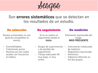 Son errores sistemáticos que se detectan en
los resultados de un estudio.
De selección
Grupos comparados no son
igual de susceptibles al
evento.
- Comorbilidades
- Tratamiento previo
- Razones por las cuales
acuden con frecuencia
al médico.
De seguimiento
Si no se realiza un
seguimiento desde el
inicio.
- Sesgos de supervivencia
o de pérdida del
seguimiento.
- Tiempo adecuado (Ni
muy largo, ni muy
corto).
De medición
Estimación equivocada del
riesgo.
MÁS FRECUENTE
- Instrumento inadecuado
de medición.
- Diagnóstico equivocado
- Omisiones
- Vigilancia diferente en
los dos grupos.
 