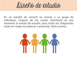En un estudio de cohorte se recluta a un grupo de
individuos, ninguno de los cuales manifiesta en ese
momento el evento de estudio, pero todos los integrantes
están en riesgo de padecer o presentar dicho evento.
 