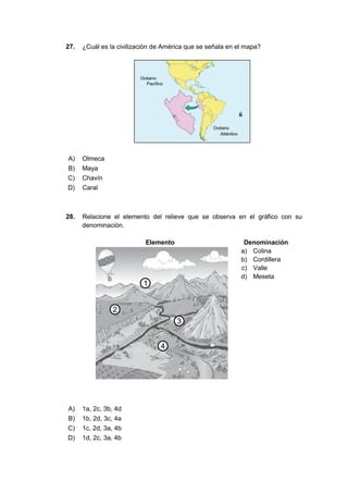 27. ¿Cuál es la civilización de América que se señala en el mapa?
A) Olmeca
B) Maya
C) Chavín
D) Caral
28. Relacione el elemento del relieve que se observa en el gráfico con su
denominación.
Elemento Denominación
a) Colina
b) Cordillera
c) Valle
d) Meseta
A) 1a, 2c, 3b, 4d
B) 1b, 2d, 3c, 4a
C) 1c, 2d, 3a, 4b
D) 1d, 2c, 3a, 4b
 