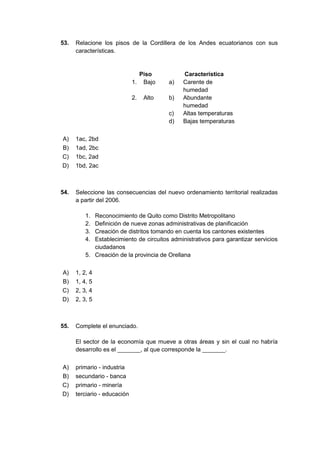 53. Relacione los pisos de la Cordillera de los Andes ecuatorianos con sus
características.
Piso Característica
1. Bajo a) Carente de
humedad
2. Alto b) Abundante
humedad
c) Altas temperaturas
d) Bajas temperaturas
A) 1ac, 2bd
B) 1ad, 2bc
C) 1bc, 2ad
D) 1bd, 2ac
54. Seleccione las consecuencias del nuevo ordenamiento territorial realizadas
a partir del 2006.
1. Reconocimiento de Quito como Distrito Metropolitano
2. Definición de nueve zonas administrativas de planificación
3. Creación de distritos tomando en cuenta los cantones existentes
4. Establecimiento de circuitos administrativos para garantizar servicios
ciudadanos
5. Creación de la provincia de Orellana
A) 1, 2, 4
B) 1, 4, 5
C) 2, 3, 4
D) 2, 3, 5
55. Complete el enunciado.
El sector de la economía que mueve a otras áreas y sin el cual no habría
desarrollo es el _______, al que corresponde la _______.
A) primario - industria
B) secundario - banca
C) primario - minería
D) terciario - educación
 
