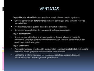 VENTAJAS
Según Marcelo y Parrilla las ventajas de un estudio de caso son las siguientes:
 Ofrecen comprensión de fenómenos humanos complejos, en su contexto real y de
forma holística.
 Producen resultados que son accesibles a muchas audiencias.
 Reconocen la complejidad del caso vinculándolo con su contexto.
Según Robert Stake:
 Será la mejor metodología si la investigación va dirigida a la comprensión de
fenómenos complejos para incrementar la convicción sobre los conocimientos del
objeto o proceso investigado.
Según Eisenhardt:
 Posee estrategias de investigación que permiten con mayor probabilidad el desarrollo
de nuevas teorías y la generación de nuevos conocimientos.
 Nos facilita la interpretación de los fenómenos sociales y nos permite añadir
información valiosa a investigaciones ya realizadas
 