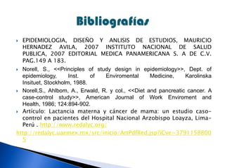  EPIDEMIOLOGIA, DISEÑO Y ANLISIS DE ESTUDIOS, MAURICIO
HERNADEZ AVILA, 2007 INSTITUTO NACIONAL DE SALUD
PUBLICA, 2007 EDITORIAL MEDICA PANAMERICANA S. A DE C.V.
PAG.149 A 183.
 Norell, S., <<Principles of study design in epidemiology>>, Dept. of
epidemiology, Inst. of Enviromental Medicine, Karolinska
Insituet, Stockholm, 1988.
 Norell,S., Ahlbom, A., Erwald, R. y col., <<Diet and pancreatic cancer. A
case-control study>>, American Journal of Work Enviroment and
Health, 1986; 124:894-902.
 Artículo: Lactancia materna y cáncer de mama: un estudio caso-
control en pacientes del Hospital Nacional Arzobispo Loayza, Lima-
Perú . http://www.redalyc.org/
http://redalyc.uaemex.mx/src/inicio/ArtPdfRed.jsp?iCve=3791158800
5
 