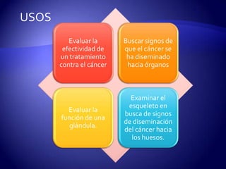 Evaluar la
efectividad de
un tratamiento
contra el cáncer
Buscar signos de
que el cáncer se
ha diseminado
hacia órganos
Evaluar la
función de una
glándula.
Examinar el
esqueleto en
busca de signos
de diseminación
del cáncer hacia
los huesos.
USOS
 