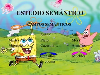 ESTUDIO SEMÁNTICO   CAMPOS SEMÁNTICOS Lunes   Sartén  Silla Martes  Plato  Mesa Miércoles…  Cacerola…  Armario… Días  Utensilios  Muebles de la semana  de cocina 
