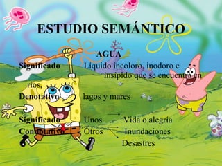 ESTUDIO SEMÁNTICO AGUA Significado   Líquido incoloro, inodoro e      insípido que se encuentra en ríos, Denotativo  lagos y mares Significado   Unos  Vida o alegría Connotativo   Otros  Inundaciones  Desastres 