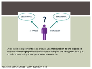 En los estudios experimentales se produce  una manipulación de una exposición  determinada  en un grupo  de individuos que se  compara con otro grupo  en el que no se intervino, o al que se expone a otra intervención.  REV. MED. CLIN. CONDES - 2009; 20(4) 539 - 548 