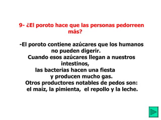           9- ¿El poroto hace que las personas pedorreen más?            -El poroto contiene azúcares que los humanos no pueden digerir.          Cuando esos azúcares llegan a nuestros intestinos, las bacterias hacen una fiesta           y producen mucho gas.          Otros productores notables de pedos son: el maíz, la pimienta,  el repollo y la leche.         