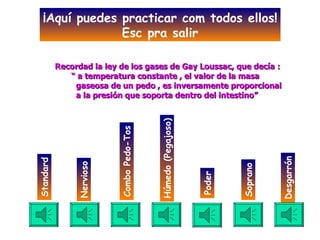 ¡Aquí puedes practicar com todos ellos! Esc pra salir Desgarrón Soprano Poder Húmedo (Pegajoso) Combo Pedo-Tos Nervioso Standard Recordad la ley de los gases de Gay Loussac, que decía : “  a temperatura constante , el valor de la masa  gaseosa de un pedo , es inversamente proporcional a la presión que soporta dentro del intestino” 