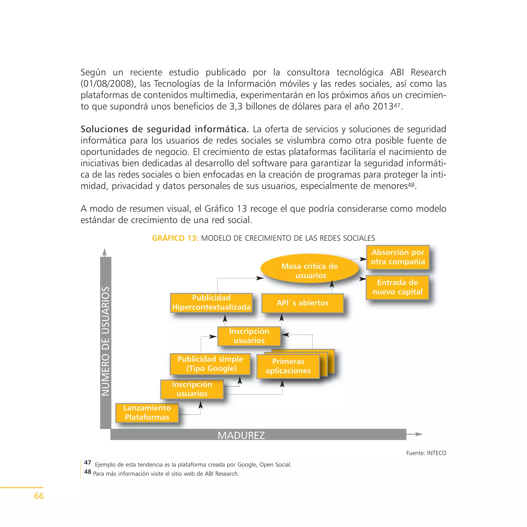 Según un reciente estudio publicado por la consultora tecnológica ABI Research
     (01/08/2008), las Tecnologías de la Información móviles y las redes sociales, así como las
     plataformas de contenidos multimedia, experimentarán en los próximos años un crecimien-
     to que supondrá unos beneficios de 3,3 billones de dólares para el año 201347.

     Soluciones de seguridad informática. La oferta de servicios y soluciones de seguridad
     informática para los usuarios de redes sociales se vislumbra como otra posible fuente de
     oportunidades de negocio. El crecimiento de estas plataformas facilitaría el nacimiento de
     iniciativas bien dedicadas al desarrollo del software para garantizar la seguridad informáti-
     ca de las redes sociales o bien enfocadas en la creación de programas para proteger la inti-
     midad, privacidad y datos personales de sus usuarios, especialmente de menores48.

     A modo de resumen visual, el Gráfico 13 recoge el que podría considerarse como modelo
     estándar de crecimiento de una red social.
                                      GRÁFICO 13: MODELO DE CRECIMIENTO DE LAS REDES SOCIALES
                                                                                                Absorción por
                                                                                                otra compañía
                                                                              Masa crítica de
                                                                                 usuarios
                                                                                                 Entrada de
           NÚMERO DE USUARIOS




                                                                                                nuevo capital
                                                   Publicidad
                                                                            API´s abiertos
                                              Hipercontextualizada


                                                             Inscripción
                                                              usuarios

                                               Publicidad simple         Primeras
                                                 (Tipo Google)          aplicaciones
                                              Inscripción
                                               usuarios
                                Lanzamiento
                                Plataformas

                                                            MADUREZ
                                                                                                        Fuente: INTECO
     47 Ejemplo de esta tendencia es la plataforma creada por Google, Open Social.
     48 Para más información visite el sitio web de ABI Research.



66
 