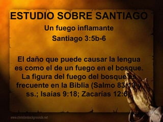 ESTUDIO SOBRE SANTIAGO
Un fuego inflamante
Santiago 3:5b-6
El daño que puede causar la lengua
es como el de un fuego en el bosque.
La figura del fuego del bosque es
frecuente en la Biblia (Salmo 83:13 y
ss.; Isaías 9:18; Zacarías 12:6).
 