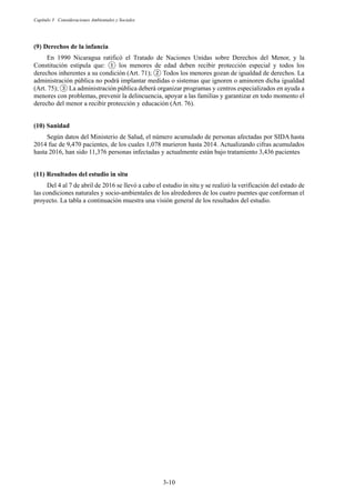 Capítulo 3 Consideraciones Ambientales y Sociales
3-10
Derechos de la infancia
En 1990 Nicaragua ratificó el Tratado de Naciones Unidas sobre Derechos del Menor, y la
Constitución estipula que: ᬅ los menores de edad deben recibir protección especial y todos los
derechos inherentes a su condición (Art. 71); ᬆ Todos los menores gozan de igualdad de derechos. La
administración pública no podrá implantar medidas o sistemas que ignoren o aminoren dicha igualdad
(Art. 75); ᬇ La administración pública deberá organizar programas y centros especializados en ayuda a
menores con problemas, prevenir la delincuencia, apoyar a las familias y garantizar en todo momento el
derecho del menor a recibir protección y educación (Art. 76).
Sanidad
Según datos del Ministerio de Salud, el número acumulado de personas afectadas por SIDA hasta
2014 fue de 9,470 pacientes, de los cuales 1,078 murieron hasta 2014. Actualizando cifras acumulados
hasta 2016, han sido 11,376 personas infectadas y actualmente están bajo tratamiento 3,436 pacientes
Resultados del estudio in situ
Del 4 al 7 de abril de 2016 se llevó a cabo el estudio in situ y se realizó la verificación del estado de
las condiciones naturales y socio-ambientales de los alrededores de los cuatro puentes que conforman el
proyecto. La tabla a continuación muestra una visión general de los resultados del estudio.
 