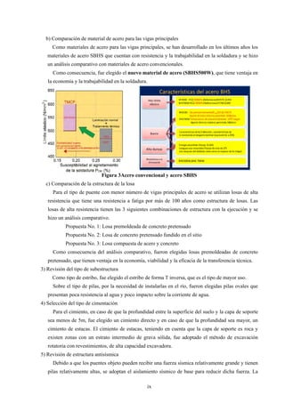 ix
b) Comparación de material de acero para las vigas principales
Como materiales de acero para las vigas principales, se han desarrollado en los últimos años los
materiales de acero SBHS que cuentan con resistencia y la trabajabilidad en la soldadura y se hizo
un análisis comparativo con materiales de acero convencionales.
Como consecuencia, fue elegido el nuevo material de acero (SBHS500W), que tiene ventaja en
la economía y la trabajabilidad en la soldadura.
Figura 3Acero convencional y acero SBHS
c) Comparación de la estructura de la losa
Para el tipo de puente con menor número de vigas principales de acero se utilizan losas de alta
resistencia que tiene una resistencia a fatiga por más de 100 años como estructura de losas. Las
losas de alta resistencia tienen las 3 siguientes combinaciones de estructura con la ejecución y se
hizo un análisis comparativo.
Propuesta No. 1: Losa premoldeada de concreto pretensado
Propuesta No. 2: Losa de concreto pretensado fundido en el sitio
Propuesta No. 3: Losa compuesta de acero y concreto
Como consecuencia del análisis comparativo, fueron elegidas losas premoldeadas de concreto
pretensado, que tienen ventaja en la economía, viabilidad y la eficacia de la transferencia técnica.
3) Revisión del tipo de subestructura
Como tipo de estribo, fue elegido el estribo de forma T inversa, que es el tipo de mayor uso.
Sobre el tipo de pilas, por la necesidad de instalarlas en el río, fueron elegidas pilas ovales que
presentan poca resistencia al agua y poco impacto sobre la corriente de agua.
4) Selección del tipo de cimentación
Para el cimiento, en caso de que la profundidad entre la superficie del suelo y la capa de soporte
sea menos de 5m, fue elegido un cimiento directo y en caso de que la profundidad sea mayor, un
cimiento de estacas. El cimiento de estacas, teniendo en cuenta que la capa de soporte es roca y
existen zonas con un estrato intermedio de grava sólida, fue adoptado el método de excavación
rotatoria con revestimientos, de alta capacidad excavadora.
5) Revisión de estructura antisísmica
Debido a que los puentes objeto pueden recibir una fuerza sísmica relativamente grande y tienen
pilas relativamente altas, se adoptan el aislamiento sísmico de base para reducir dicha fuerza. La
 