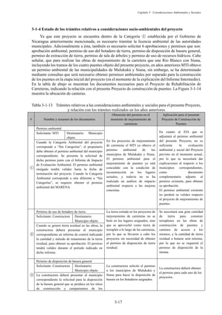 Capítulo 3 Consideraciones Ambientales y Sociales
3-17
Estado de los trámites relativos a consideraciones socio-ambientales del proyecto
Ya que este proyecto se encuentra dentro de la Categoría մ establecida por el Gobierno de
Nicaragua anteriormente mencionada, es necesario tramitar la licencia ambiental de las autoridades
municipales. Adicionalmente a ésta, también es necesario solicitar 6 aprobaciones y permisos que son:
aprobación ambiental, permiso de uso del botadero de tierra, permiso de disposición de basura general,
permiso de extracción de tierra, permiso de tala de árboles y permiso de uso de recursos hídricos. Cabe
señalar, que para realizar las obras de mejoramiento de la carretera que une Rio Blanco con Siuna,
incluyendo los tramos de los cuatro puentes objeto del presente proyecto, en años anteriores MTI obtuvo
un permiso ambiental de las municipalidades de Mulukukú y Siuna, sin embargo, se ha determinado
mediante consultas que será necesario obtener permisos ambientales por separado para la construcción
de los puentes en la etapa inicial del proyecto (en el momento de la explicación del Informe Intermedio).
En la tabla de abajo se muestran los documentos necesarios para el Proyecto de Rehabilitación de
Carreteras, indicando la relación con el presente Proyecto de construcción de puentes. La Figura 3-1-14
muestra la ubicación de canteras.
Tabla 3-1-13 Trámites relativos a las consideraciones ambientales y sociales para el presente Proyecto,
y relación con los trámites realizados en los años anteriores
# Nombre y resumen de los documentos
Obtención del permiso en el
momento de mejoramiento de
carreteras
Aplicación para el presente
Proyecto de Construcción de
Puentes
ᬅ
Permiso ambiental
En los proyectos de mejoramiento
de carreteras el MTI ya obtuvo el
premiso ambiental de los
municipios de Mulukukú y Siuna.
El permiso ambiental para el
mejoramiento de puentes ya está
concedido con la condición de
reconstrucción en los lugares
actuales, y todavía no se ha
realizado un análisis de impacto
ambiental respecto a las mejoras
concretas.
En cuanto al EIA que se
adjuntará al permiso ambiental
del presente Proyecto, no es
suficiente la evaluación
ambiental y social del Proyecto
previsto en el momento actual,
por lo que se necesitará dar
explicaciones al respecto a los
municipios correspondientes,
como documento
complementario adjunto al
permiso existente, para obtener
su aprobación.
El permiso ambiental existente
no perderá su validez respecto
al proyecto de mejoramiento de
puentes.
Solicitante: MTI Destinatario: Municipio
objeto
Cuando la Categoría Ambiental del proyecto
corresponde a “Sin Categorías”, el propietario
debe obtener el permiso ambiental del municipio
correspondiente. Se presenta la solicitud de
dicho permiso junto con el Informe de Impacto
de Evaluación Ambiental. El permiso ambiental
otorgado tendrá validez hasta la fecha de
terminación del proyecto. Cuando la Categoría
Ambiental corresponde a otra diferente a “Sin
Categorías”, se requiere obtener el permiso
ambiental del MARENA.
ᬆ
Permiso de uso de botadero de tierra La tierra cortada en los proyectos de
mejoramiento de carreteras no se
botó en los lugares asignados, sino
que se aprovechó como tierra de
terraplén a lo largo de las carreteras,
por lo que se llevaron a cabo los
proyectos sin necesidad de obtener
el permiso de disposición de tierra
residual.
Se necesitará una gran cantidad
de tierra para construir
terraplenes en las obras de
construcción de puentes y
caminos de acceso a los
mismos, y la cantidad de tierra
residual a botarse será mínima,
por lo que no se requerirá el
permiso de disposición de la
misma.
Solicitante: Constructora Destinatario:
Municipio objeto
Cuando se genere tierra residual en las obras, la
constructora deberá presentar al municipio
correspondiente un informe de control indicando
la cantidad y método de tratamiento de la tierra
residual, para obtener su aprobación. El permiso
tendrá validez durante el período indicado en
dicho informe.
ᬇ
Permiso de disposición de basura general
La constructora solicitó el permiso
a los municipios de Mulukukú y
Siuna para hacer la disposición de
basura en los botaderos asignados.
La constructora deberá obtener
el permiso para cada uno de los
proyectos.
Solicitante: Constructora Destinatario:
Municipio objeto
La constructora deberá presentar al municipio
correspondiente la solicitud para la disposición
de la basura general que se produce en los sitios
de construcción y campamentos de los
 