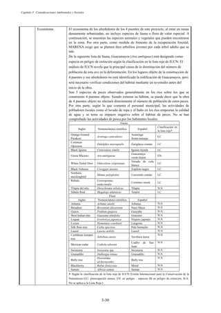 Capítulo 3 Consideraciones Ambientales y Sociales
3-30
Ecosistema El ecosistema de los alrededores de los 4 puentes de este proyecto, al estar en zonas
densamente urbanizadas, no incluye especies de fauna o flora de valor especial. A
continuación, se muestran las especies animales y vegetales que pueden encontrarse
en la zona. Por otra parte, como medida de fomento de la recuperación forestal,
MARENA exige que se planten diez arbolitos jóvenes por cada árbol adulto que se
tale.
De la siguiente lista de fauna, Guacamayos (Ara ambiguus) está designado como
especia en peligro de extinción según la clasificación en la lista roja de IUCN. El
análisis de IUCN revela que la principal causa de la disminución del número de
población de esta ave es la deforestación. En los lugares objeto de la construcción de
4 puentes y sus alrededores no está identificado la nidificación de Guacamayos, pero
será necesario verificar condiciones del hábitat mediante un re-estudio antes del
inicio de la obra.
Son 3 especies de peces observados generalmente en los ríos sobre los que se
construirán 4 puentes objeto. Siendo extenso su hábitat, se puede decir que la obra
de 4 puentes objeto no afectará directamente el número de población de estos peces.
Por otra parte, según lo que comenta el personal municipal, las actividades de
pobladores locales como el lavado de ropa y el baño en los ríos empeoran la calidad
de agua y se teme su impacto negativo sobre el hábitat de peces. No se han
comprobado las actividades de pesca por los habitantes locales.
Fauna
Inglés Nomenclatura científica Español
Clasificación en
la lista roja*
Orange-fronted
Parakeet
Aratinga caniculares
Arantinga
frente-naranja
LC
Common
Opossum
Didelphys marsupialis Zarigüeya común LC
Black Iguana Ctenosaura similis Iguana rayada LC
Green Macaws Ara ambiguous
Guacamaya
verde-limón
EN
White-Tailed Deer Odocoileus virginianus
Venado de cola
blanca
LC
Black Vultures Coragyps atratus Zopilote negro LC
Northern
mockingbird
Mimus polyglottos Cenzontle común LC
Róbalo Centropomus
undecimalis
Common snook LC
Tilapia del nilo Oreochromis niloticus Tilapia N/A
Sábalo Real Megalops atlanticus Tarpón LC
Flora
Inglés Nomenclatura científica Español
Arbutus Arbutus unedo Arbutus N/A
Breadnut Brosimum alicastrum Nuez Maya N/A
Guava Psidium guajava Guayaba N/A
West Indian elm Guazuma ulmifolia Guásimo N/A
Loquat Eriobotrya japonica Níspero japonés N/A
Locust Hymenaea courbaril Langosta N/A
Silk floss tree Ceiba speciose Palo borracho N/A
Laurel Laurus nobilis Laurel N/A
Caribbean trumpet
tree
Tabebuia aurea Tavebuia áurea
N/A
Mexican cedar Cedrela odorata
Cedfro de San
Juan
N/A
Swietenia Swietenia spp. Swietenia N/A
Granadillo Dalbergia retusa Granadillo N/A
Bully tree
Hyeronima
alchorneoides
Bully tree
N/A
Blackberry Rubus fruticosus Moral N/A
Saman Albizia saman Saman N/A
㻖㻦㻌Según la clasificación de la lista roja de IUCN (Unión Internacional para la Conservación de la
Naturaleza) (LC: preocupación menor, EN: en peligro – especies IB en peligro de extinción, N/A:
No se aplica a la Lista Roja )
 